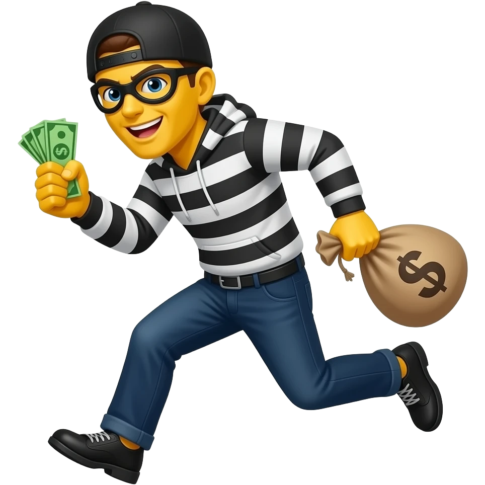 Fuck you Generate a burglar emoji with with yellow skin that runs with a bah of money and make it in the graphic style of this emoji 🧍put less shading and make it more like that 🧍 and make the mask go more up on his face and make it in this style 💰🥷 emoji