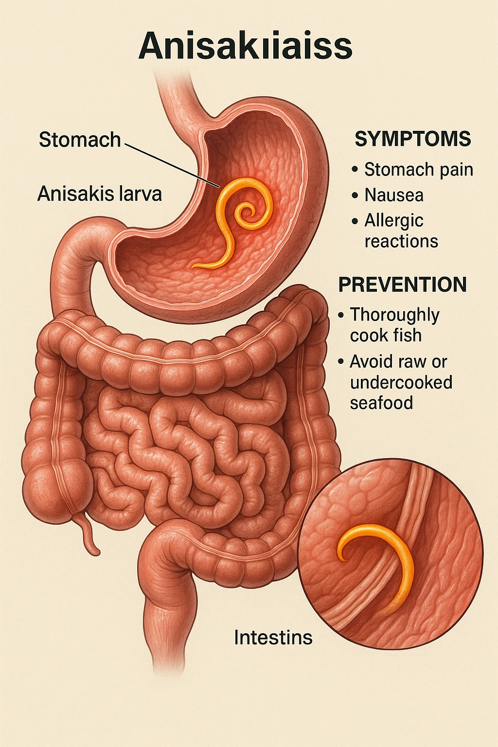a cutaway view of the human digestive tract, showing an Anisakis larva attached to the stomach or intestinal wall. The parasite is highlighted in color, with surrounding tissue rendered in realistic detail. Educational labels describe symptoms and prevention. emoji