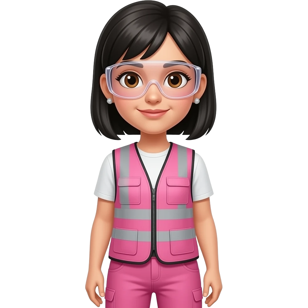 White women with brown eyes with neck length straight black hair in a ponytail wearing diamond earrings wearing pink and clear safety glasses wearing a pink construction vest wearing pink pants emoji