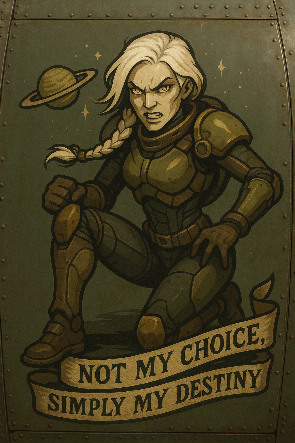 a retro military pinup fuselage decoration for the motto " not my choice, simply my destiny "
; female figure, white hair 1 braid, gold yellow eyes, spacer, fierce, exo-rogue, menacing yet taunting emoji
