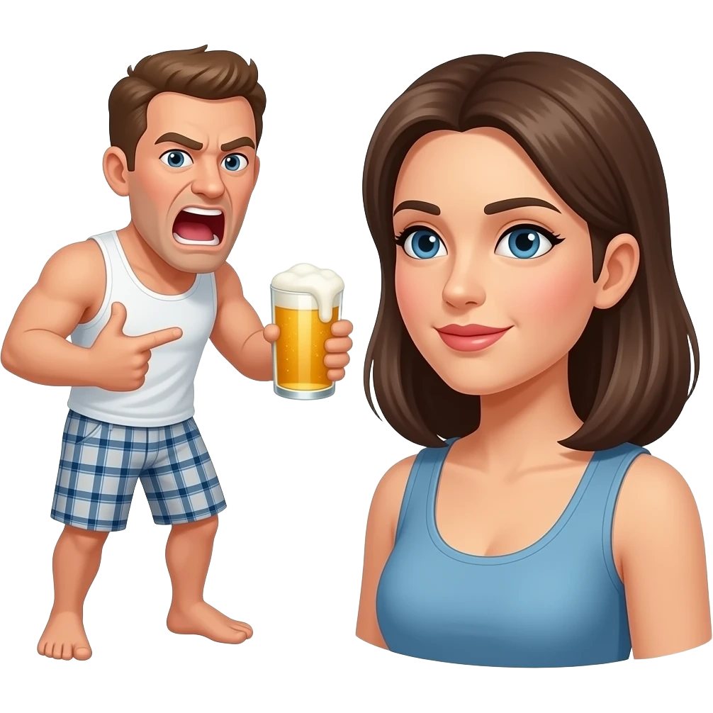 An albino man with a white tank top and plaid shorts yells with a beer in his hand at his wife emoji