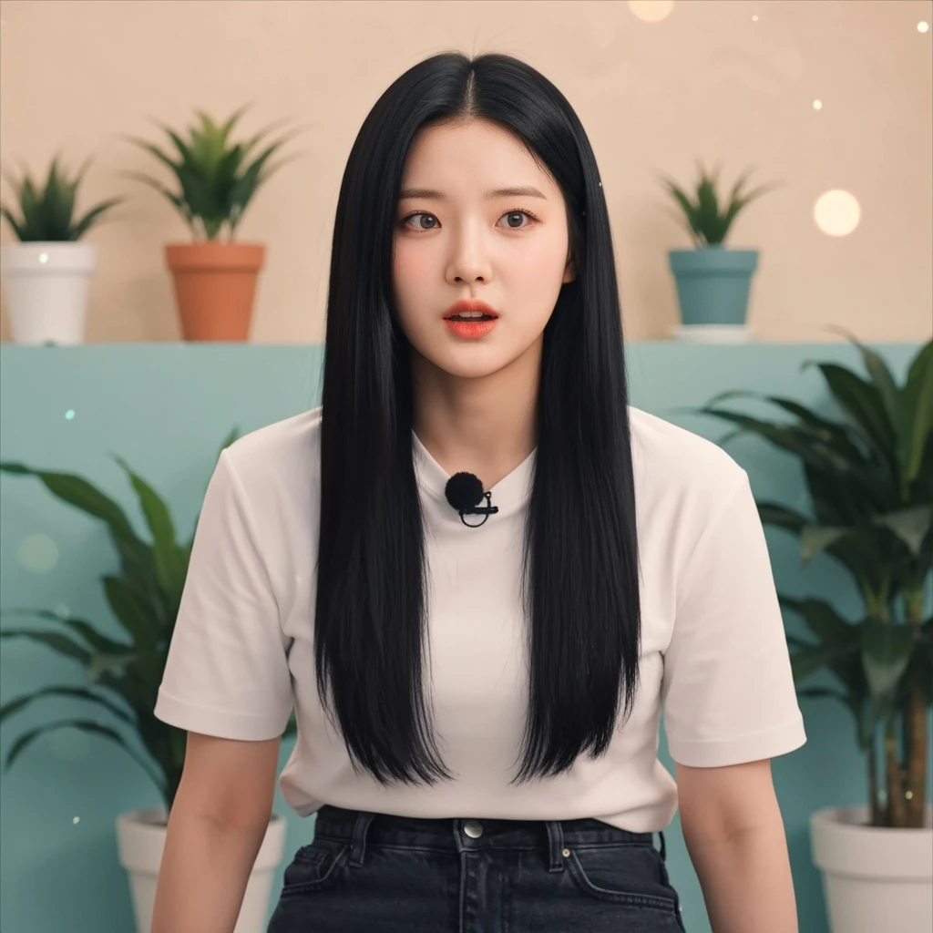 kpop girl with black hair, cute, expressive, minimal emoji