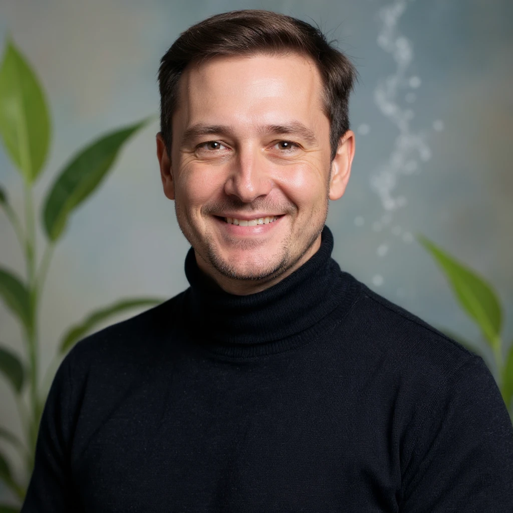 Vertical portrait of a man's face in a realistic style with a smiling expression. Include symbols of leaves and flowing water near the face. The atmosphere should convey purification and vitality. emoji