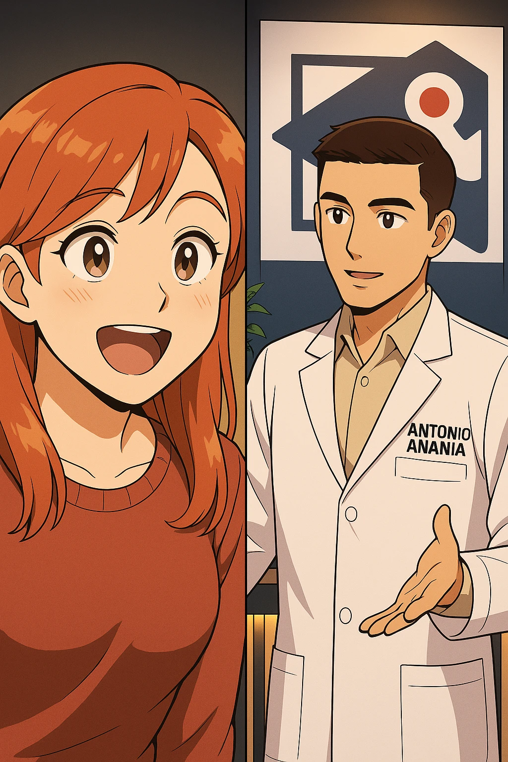 su questo stile fai un manga/webtoon a colori in cui C'è UNA STRISCIA CON FOCUS SUL VOLTO DELLA donna CON ESPRESSIONE DI STUPORE CHE ESCLAMA UNA COSA FELICE, MENTRE NELLA STRISCIA A DESTRA SI VEDE, l'uomo della foto in stile manga LE SPIEGA CHE DEVE PROVARE LA SUA VALUTAZIONE MEDICA, mantieni un ambiente simile alla foto che ho allegato con il suo logo (sarebbe il suo studio, lui è un kinesiologo), scrivigli "ANTONIO ANANIA" sul camice bianco, non mettere fumetti, ma fai in modo che sembri che la donna CHIEDA E  l'uomo RISPONDA emoji