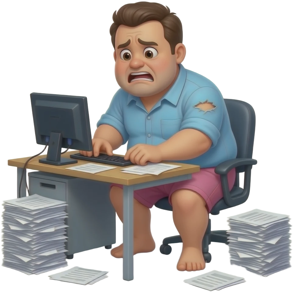 hazme un padre trabajando muy duro en su oficina. con mucho papeleo y muuuuuuuuuy, pero que muuuuuuuuuuuuy gordo. mas gordo aún y estresado. camisa rrota y pantalones cortos de rosas.con una oficina de fondo emoji