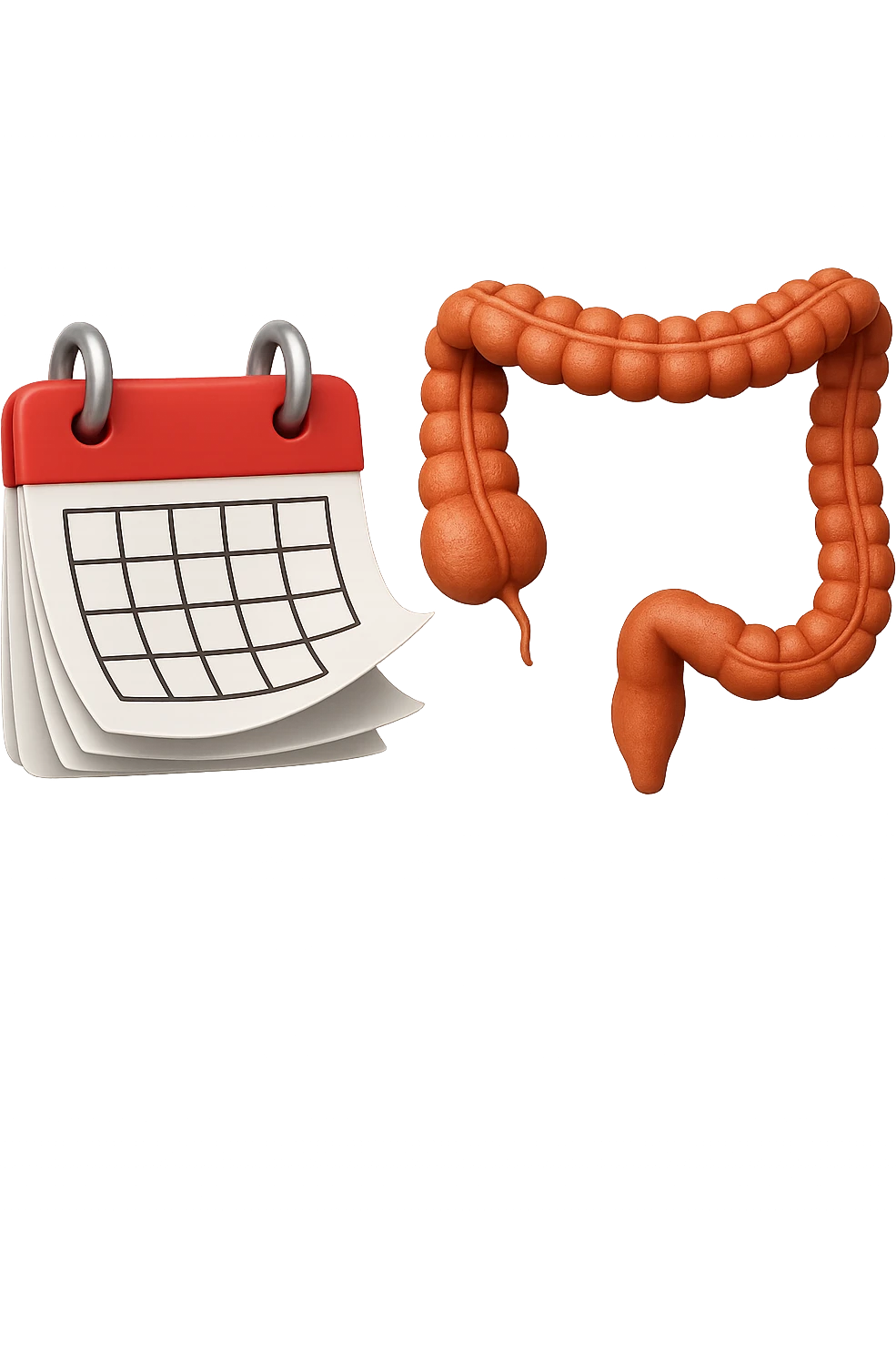 emoji stile iphone di un calendario con fogli che volano insieme a pezzi anatomici di colon umano, iperrealistico 4k, isolato su sfondo bianco emoji