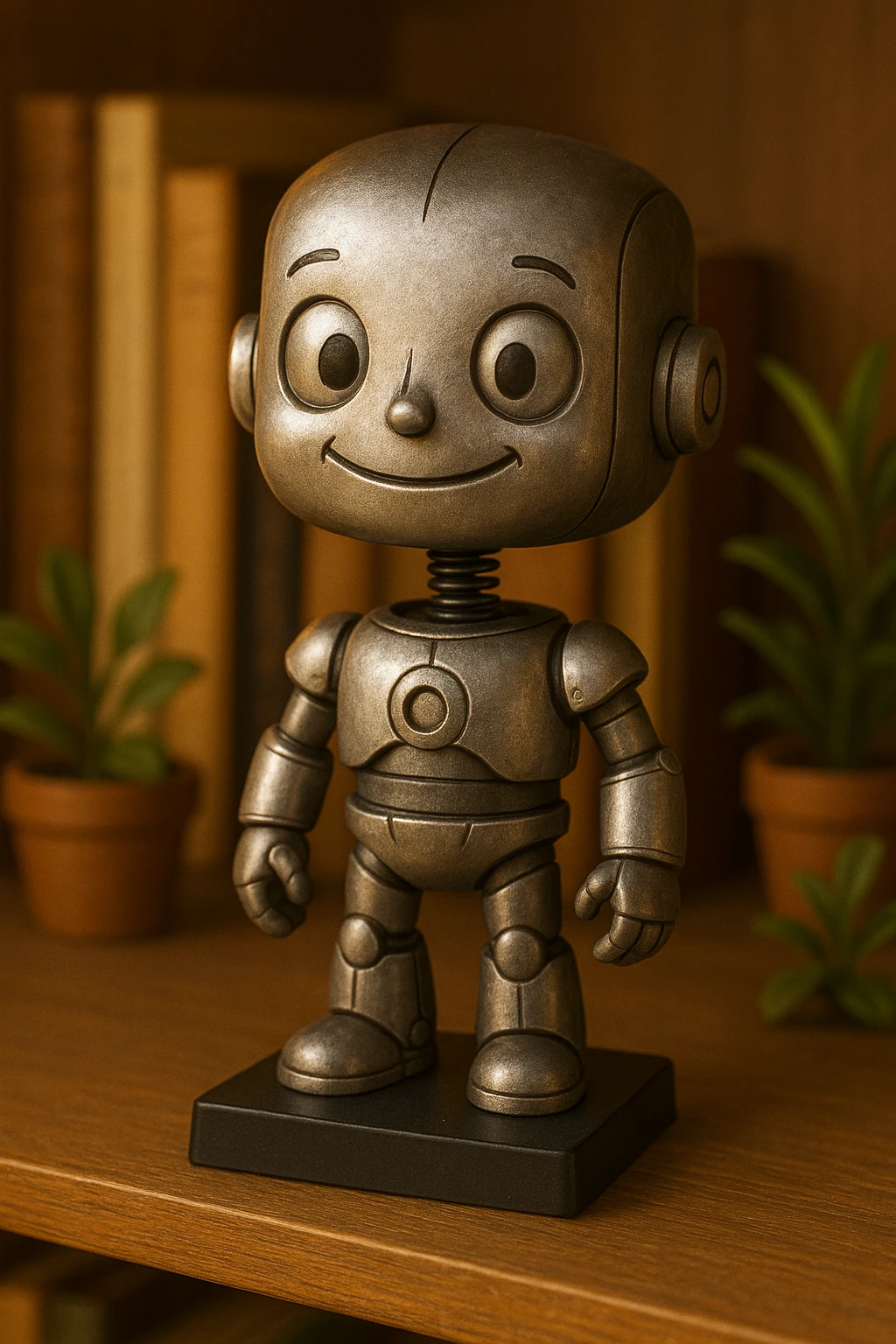 a robot bobblehead, metallic, friendly face, oversized head emoji