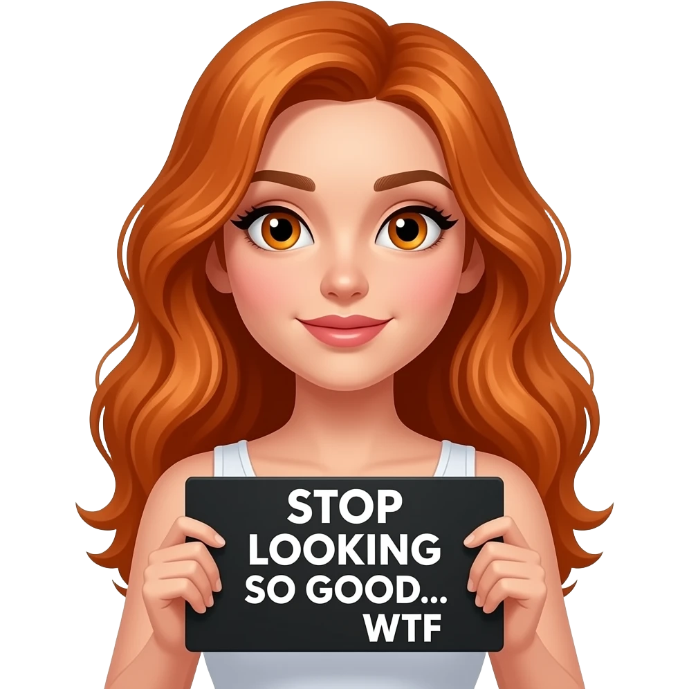 sexy girl with long wavy ginger hair and ginger eyes wearing a white tanktop is holding a black colored sign with STOP LOOKING SO GOOD... WTF written on it emoji