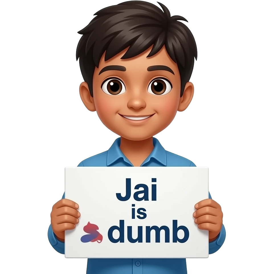 An Indian boy holding   A sign that says “Jai is dumb” emoji