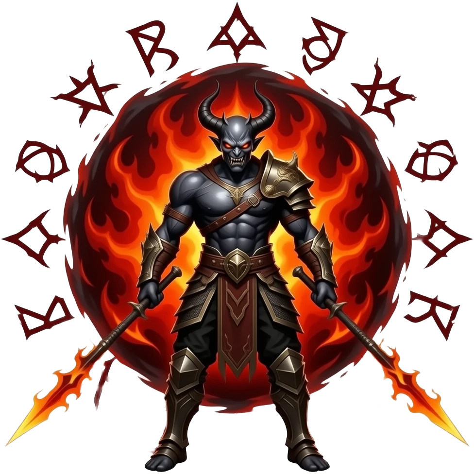 Demonic Ritual of Fire, a powerful demon warrior engulfed in an exploding sphere of dark red flames, devastating area effect, fiery runes, apocalyptic skill style. emoji