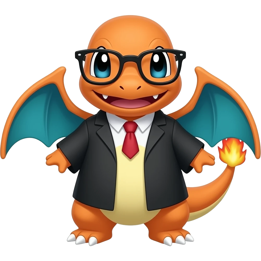 Full-body Pokemon Charmander dressed in a lawyer's suit and wearing glasses emoji
