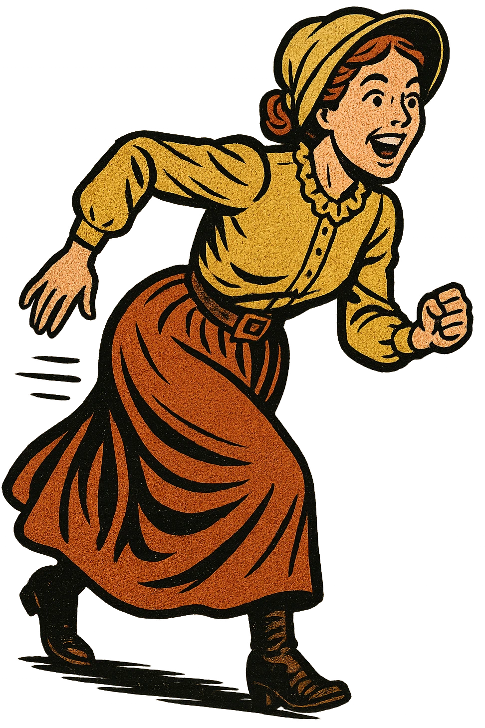 The full body of A female 1860s American settler in the American West looking excited and about to start a race emoji