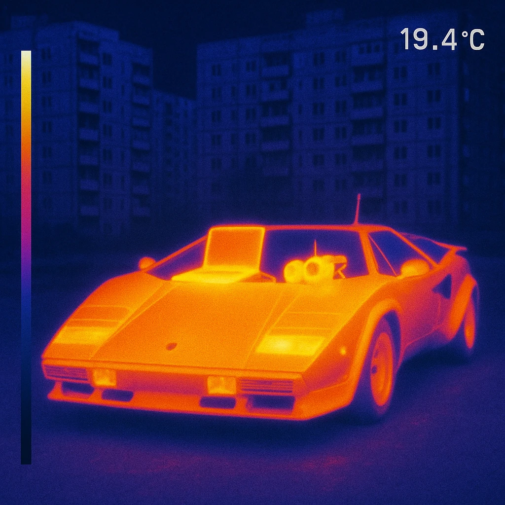 Lamborghini Countach with everything needed for sound recording and a laptop on the hood in an urban background of Russian panelki emoji