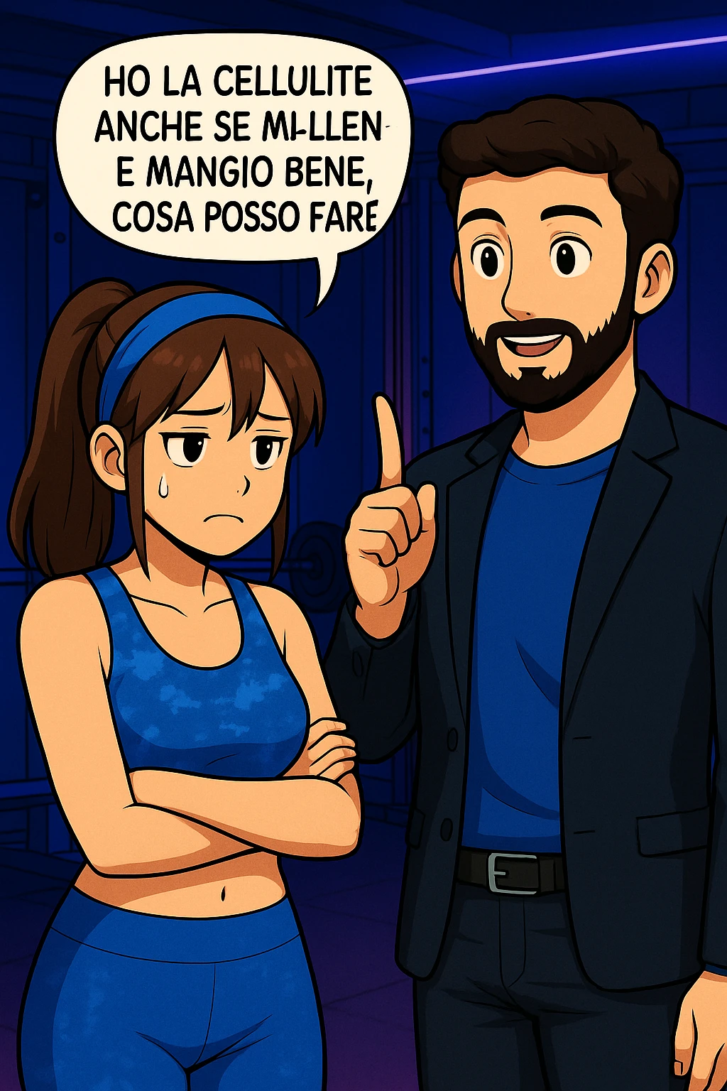 PRENDI SPUNTO DA QUESTO STILE E FAI SOLO IL PRIMO FUMETTO DETTO DA LEI, TUTTI GLI ALTRI DIALOGHI LI FA LUI:

LEI: Ho la cellulite anche se mi alleno e mangio bene, cosa posso fare?

LUI: Hai controllato il tuo baricentro corporeo?
LUI: Sapevi che se il peso del tuo corpo cade in avanti o da un lato, c’è un disallineamento fra bacino e torace, che comprimendo le coste, limita la motilità del diaframma e l’ossigenazione dei tessuti?
LUI: Il mio è il primo e unico percorso che lavora sugli inestetismi con un lavoro mirato sul baricentro corporeo. emoji