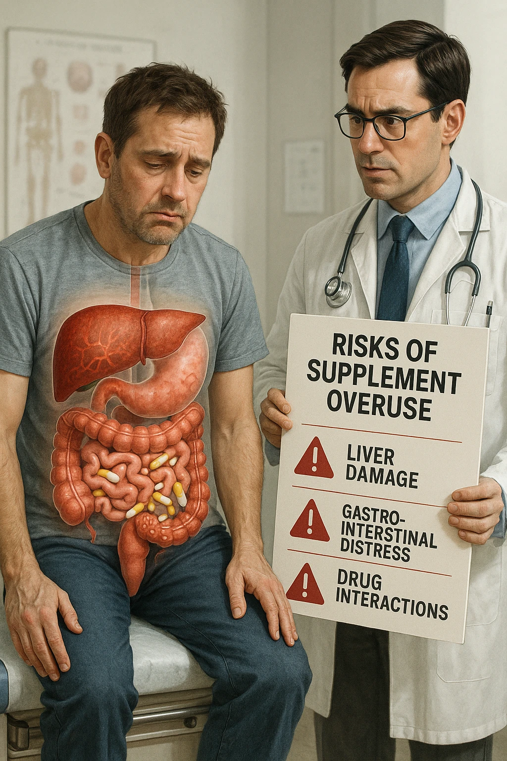 a man sits on a doctor’s examination table, looking fatigued and uncomfortable. A transparent anatomical overlay reveals his liver and intestines, both appearing inflamed and congested, with stylized supplement capsules and pills scattered throughout the digestive tract. The doctor stands nearby, holding a chart that highlights the risks of excessive supplement use. The mood is clinical and educational. in italiano iperrealistica emoji