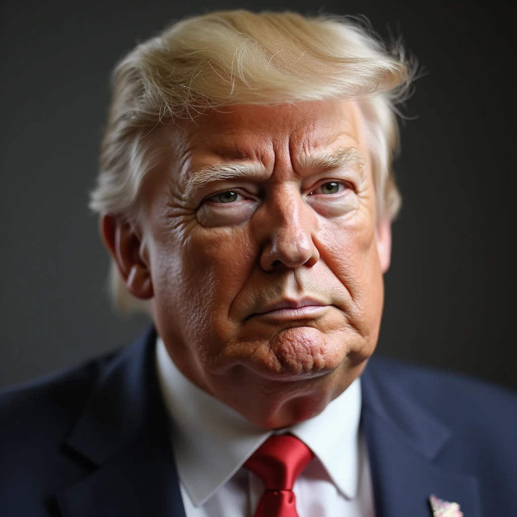 Donald Trump, ultra-realistic, indistinguishable from a real photograph, true-to-life skin and features, signature hair, very sly and foxy look, plain background, subtle emoji polish emoji
