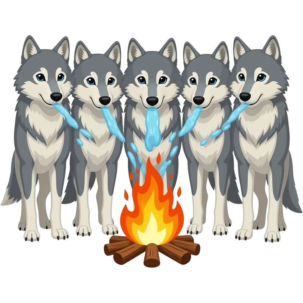 5 wolf standing in front of a fire and try to turn off the fire with water emoji