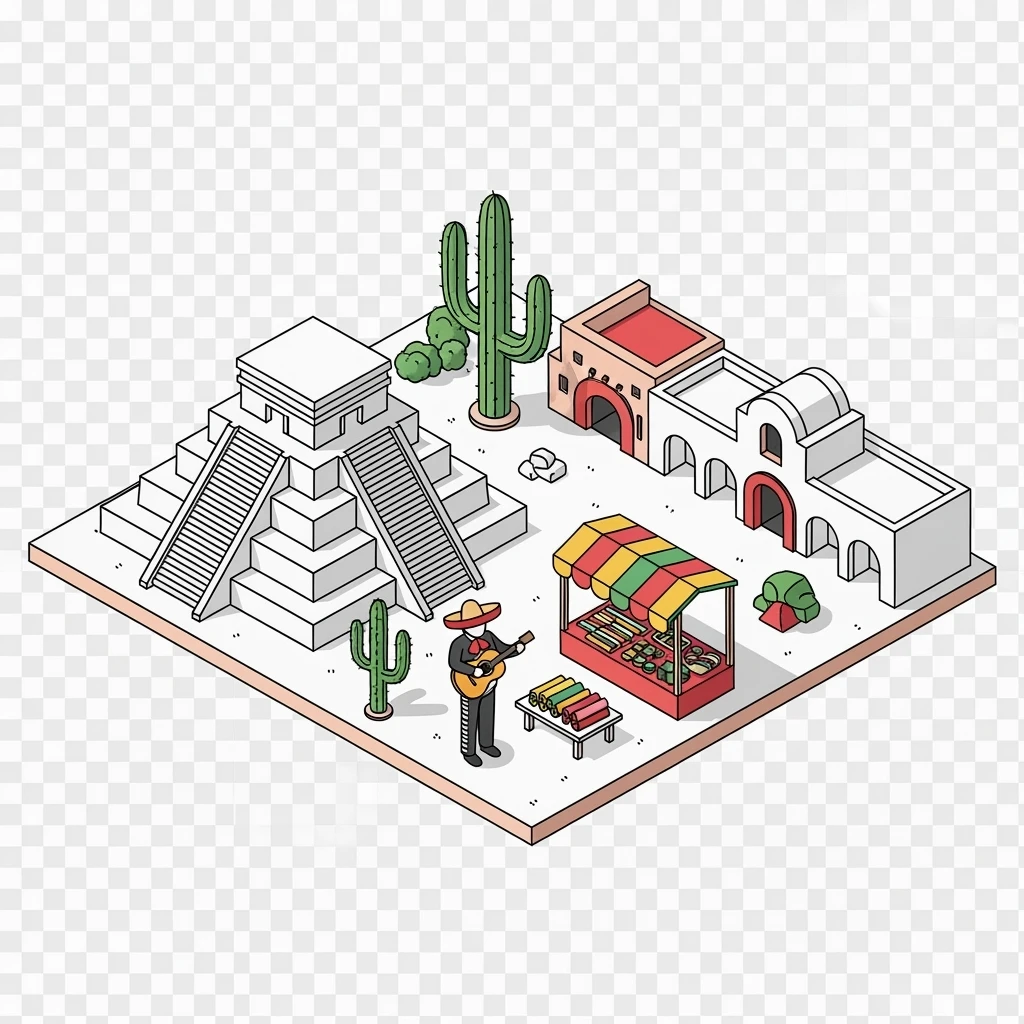 Isometric minimalistic illustration of mix Mexico subtle 3D miniature effect and Tilt Shift effect, no cartoonish look, transparent background. emoji