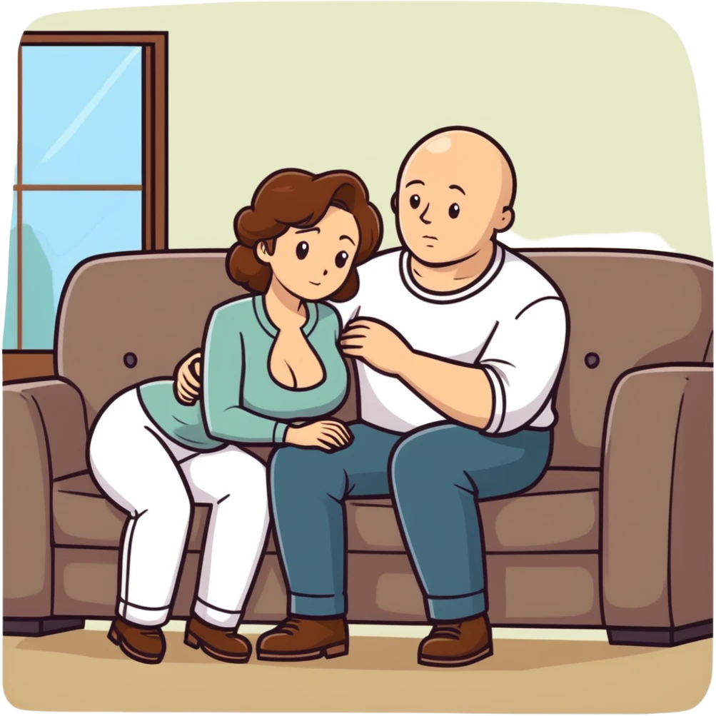 One Caucasian woman with brown hair big boobs wearing pants sitting on a couch with a bald man. Shebis kneeling emoji