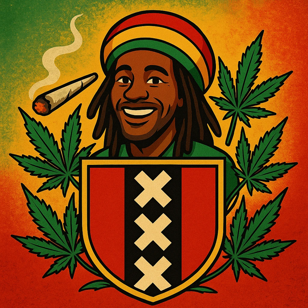 Create a digital illustration of a Rasta man with a friendly expression, wearing a red, gold, and green tam (Rastafarian hat), with dark brown skin and dreadlocks. Place him inside a bold, stylized Amsterdam coat of arms flag. The flag should have red, black, and gold tones with three white Xs in a vertical black stripe in the center. Surround the coat of arms with vibrant green cannabis leaves, a smoking spliff with rising smoke on the left side, and a textured reggae-colored background blending green, gold, and red. The style should be vintage, bold, and clean — like a high-quality reggae poster with modern emoji art flair. emoji