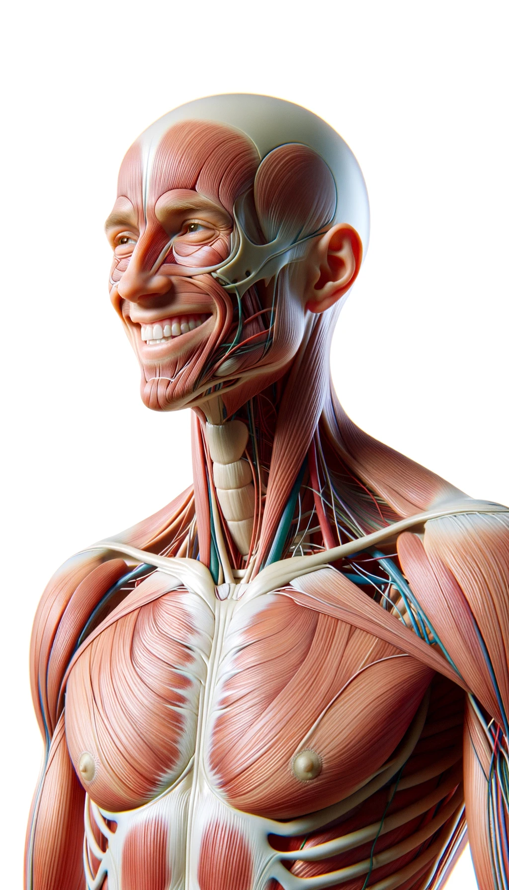 corpo umano anatomico a figura intera che sorride rilassato, iperrealistico 4k, isolato su sfondo bianco emoji