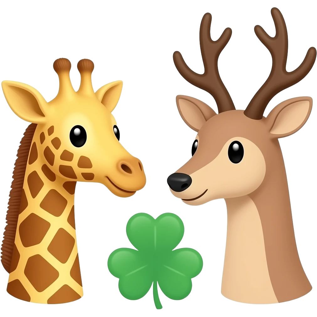 Einfacher Giraffenkopf und Elchkopf schauen sich an und vierblättriger Glückskee emoji