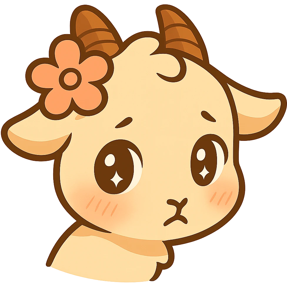 Chibi goat head only with a slightly tilted head to the side as if turned away shyly, looking up at the viewer as if peeking to see their reaction, shining eyes, blush, inspired by the full-body shy goat pose. Keep the simple clean chibi stickers style with a white background. Designed for a small emote. emoji