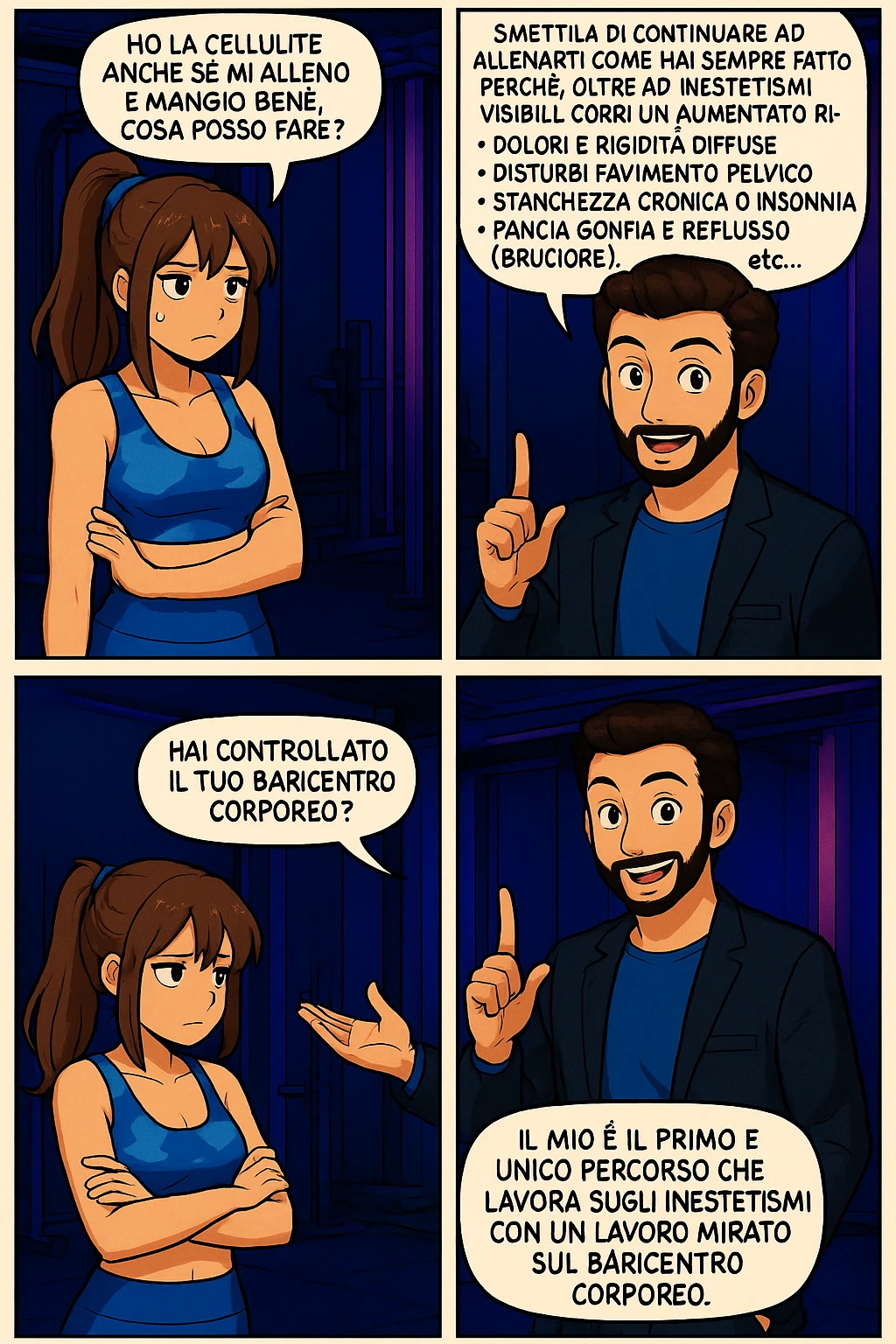 TRASFORMA QUESTO CAROSELLO IN UN FUMETTO STILE MANGA A COLORI CON QUESTE DUE PERSONE IDENTICHE CHE INTERLOQUISCONO TRA LORO:

LUI (UOMO): Smettila di continuare ad allenarti come hai sempre fatto perché, oltre ad inestetismi visibili, corri un aumentato rischio di:
    • dolori e rigidità diffuse
    • disturbi pavimento pelvico
    • stanchezza cronica o insonnia
    • pancia gonfia e reflusso (bruciore)
    • etc… emoji