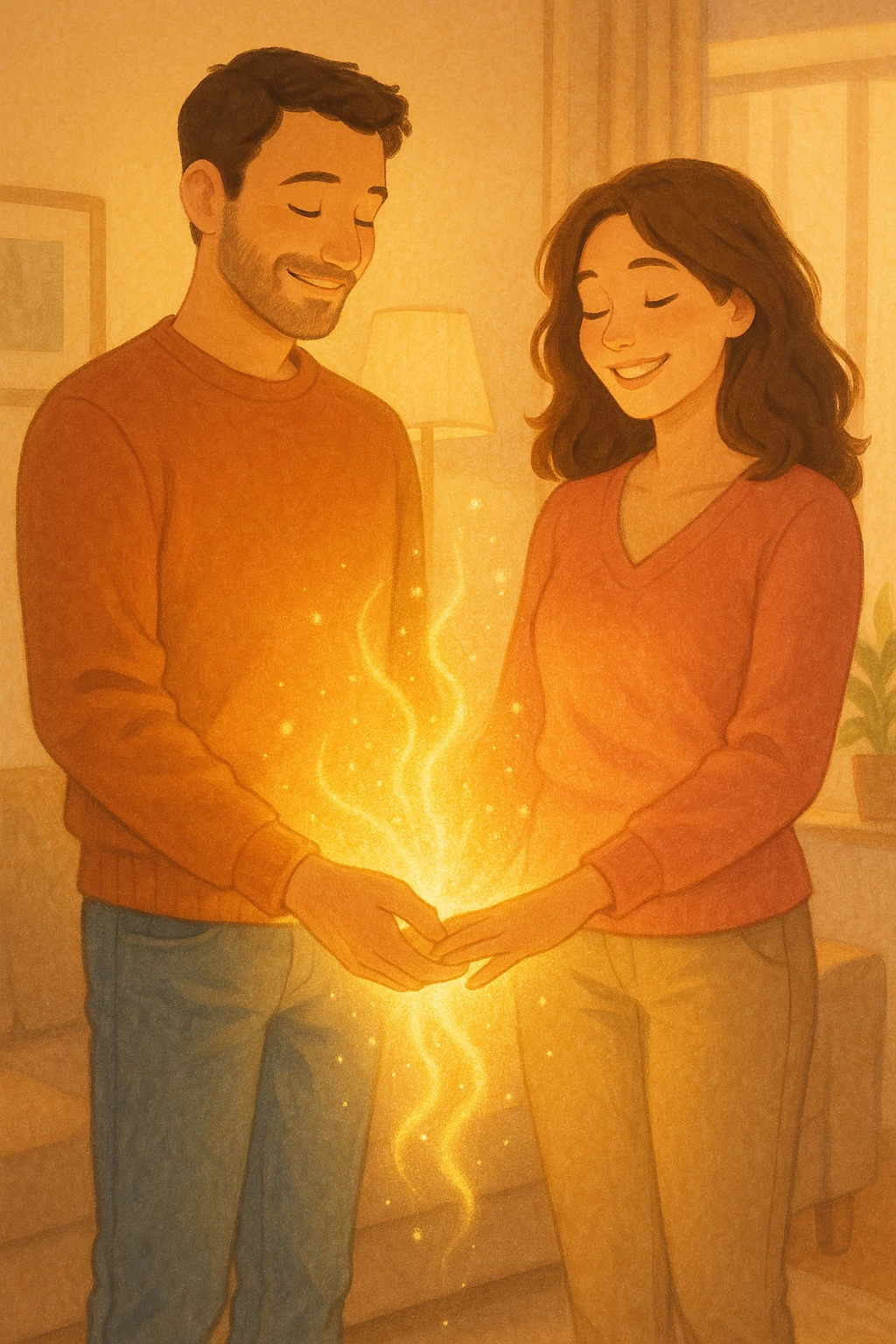 Vertical format: couple holding hands, positive energy flowing between them, bright home environment, relaxed and happy expressions. emoji