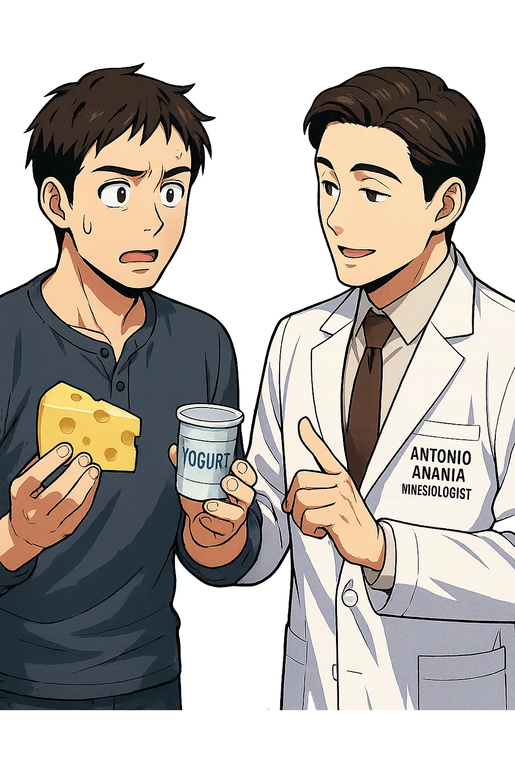 fai un webtoon manga a colori con questo stile, in cui un uomo fa una domanda al kinesiologo con il camice bianco (fagli anche la scritta "ANTONIO ANANIA" SUL CAMICE, l'uomo chiede una cosa mostrando un formaggio e uno yogurt al kinesiologo con il camice, IL KINESIOLOGO annuisce e SPIEGA ALL'UOMO UNA cos. L'UOMO ha un ESPRESSIONE CONFUSA IN VOLTO. non fare i fumetti però, fai solo in modo che sembri stiano parlando emoji