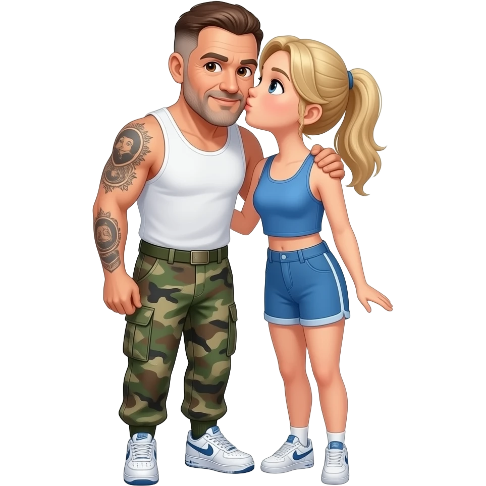 create an emoji of this man, older white man with brown hair and eyes short hair wearing cargo army print pants nike air force shoes and white tank top with tattoos on his arm. Now, can you add a younger blonde hair blue eye girl with blue crop top and matching shorts kissing him on cheeks emoji