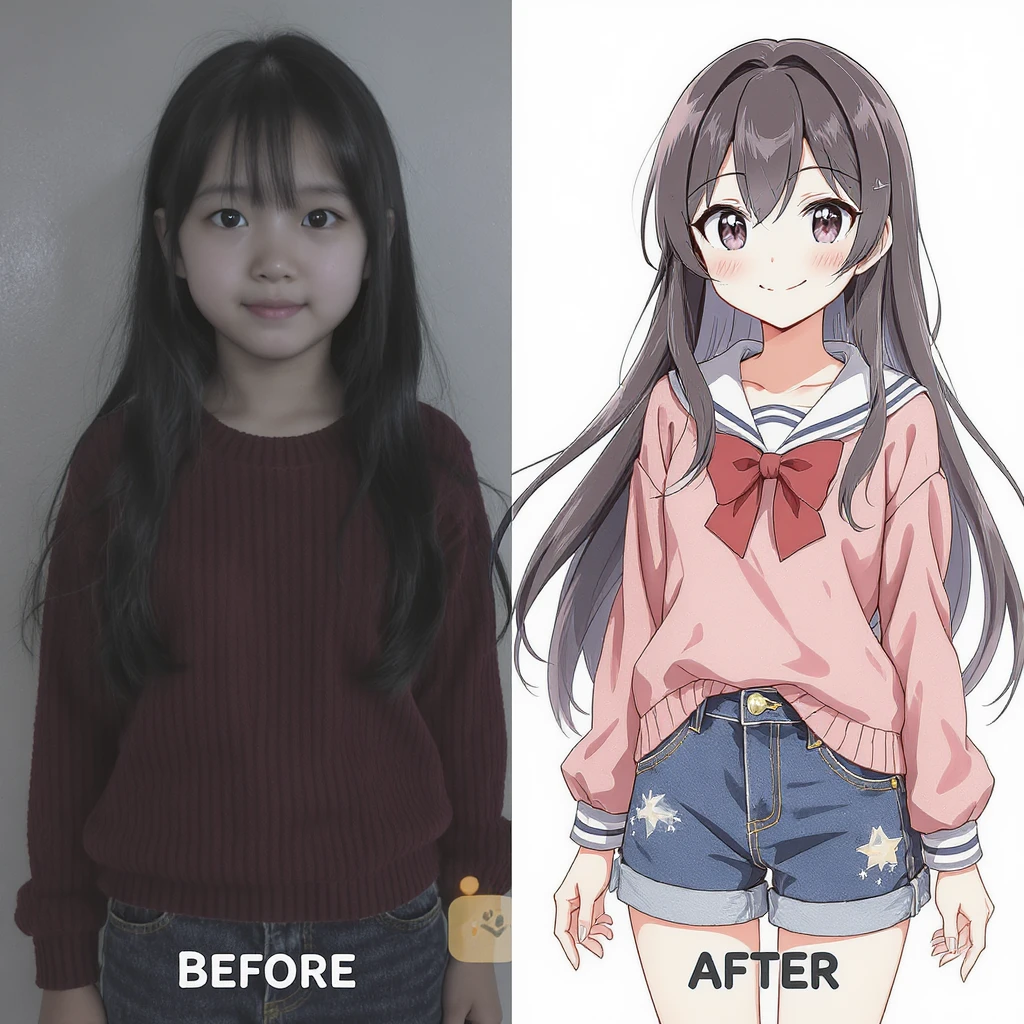create before after image of a girl before is realsitic photo, after is anime version of her in same pose and clothes, add logo with text of a "FLUX Kontext Pro" emoji