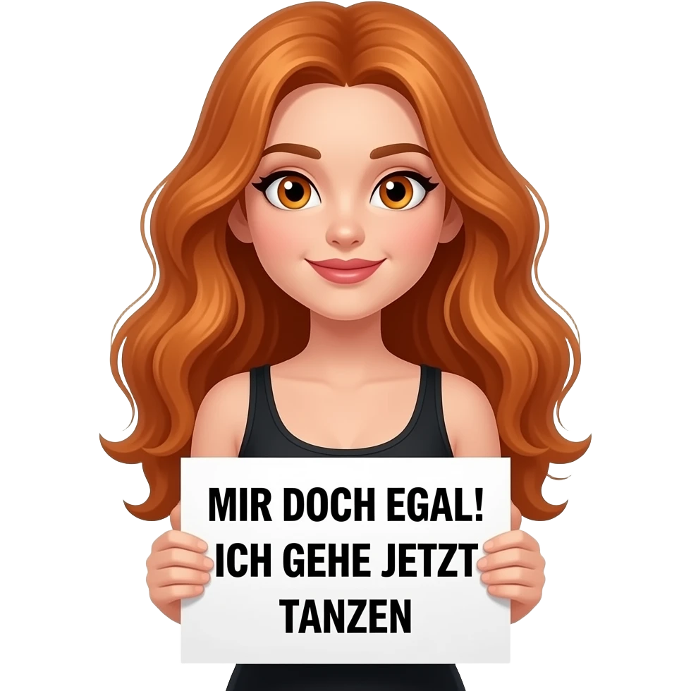 sexy girl with long wavy ginger hair and ginger eyes wearing a black tanktop is holding a white colored sign with MIR DOCH EGAL! ICH GEHE JETZT TANZEN written on it emoji