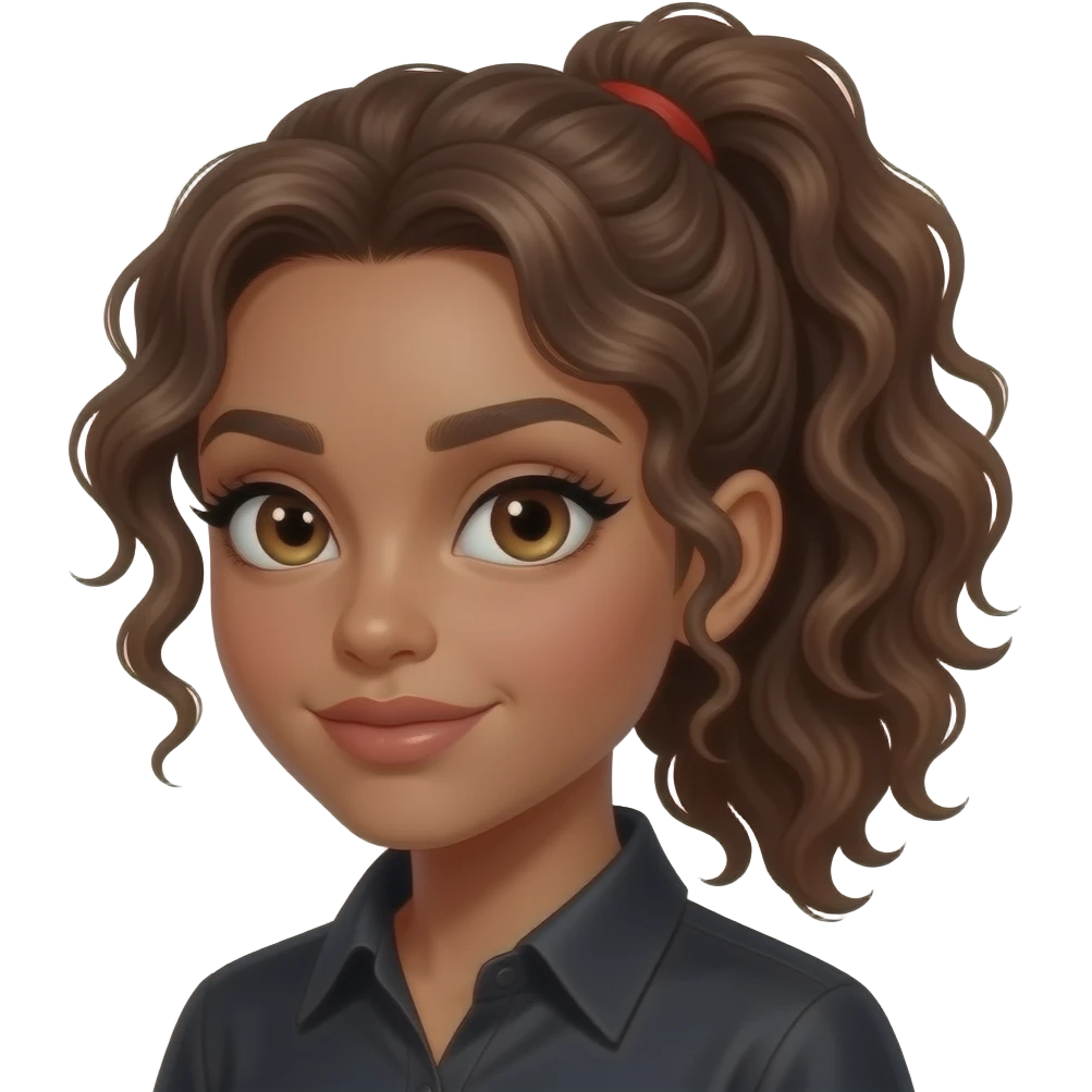 girl with slightly curly brown/very slightly redish hair in a ponytail, dark-goldenish-brown skin, big brown eyes, long lashes, thick eyebrows, a single dimple on her left cheek, vampire shirt. emoji