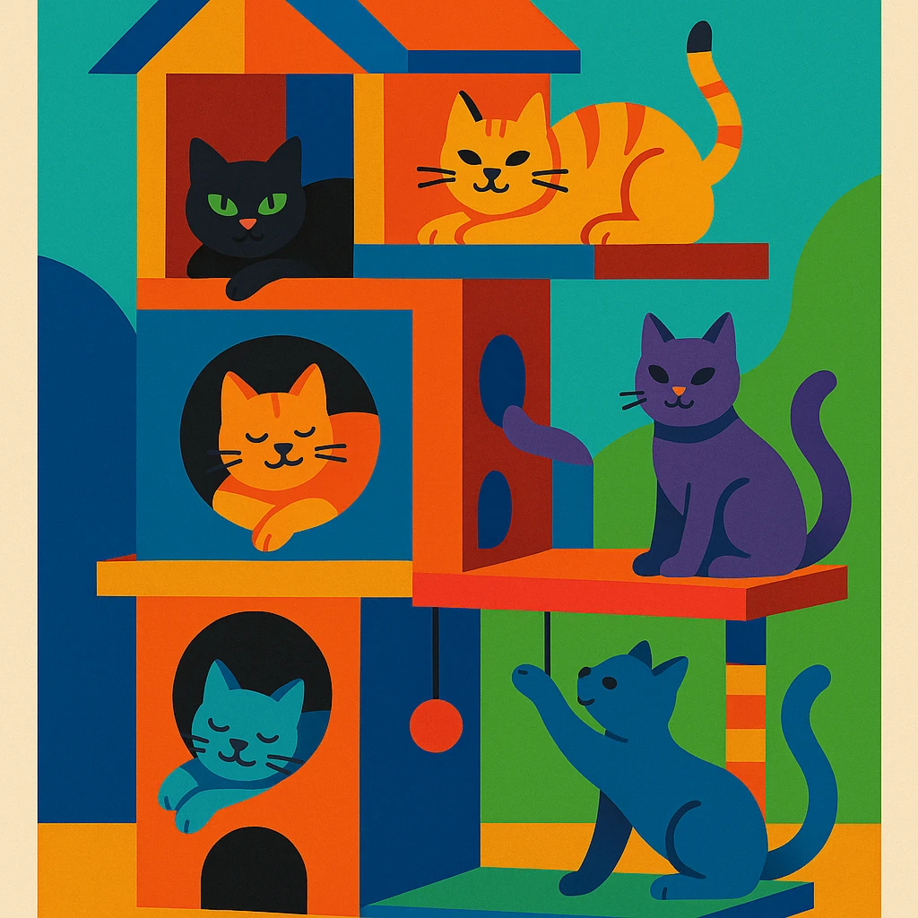 cats relaxing in a vertical playhouse emoji