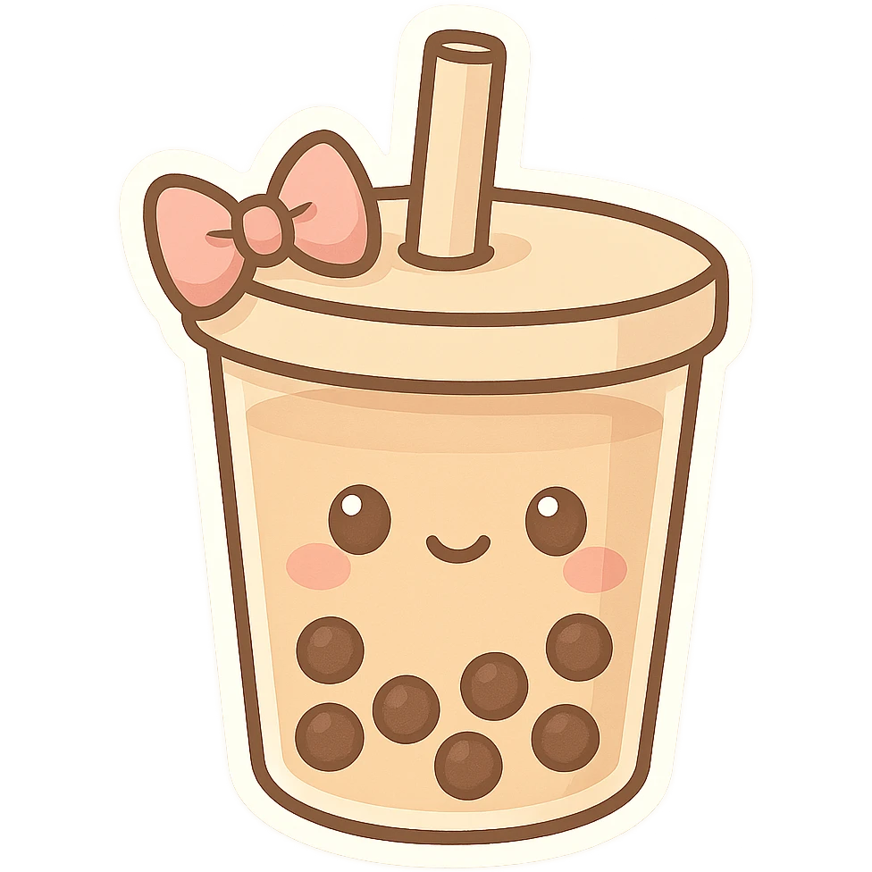 chibi sticker-style bubble tea with a bow, cute and exaggerated emoji