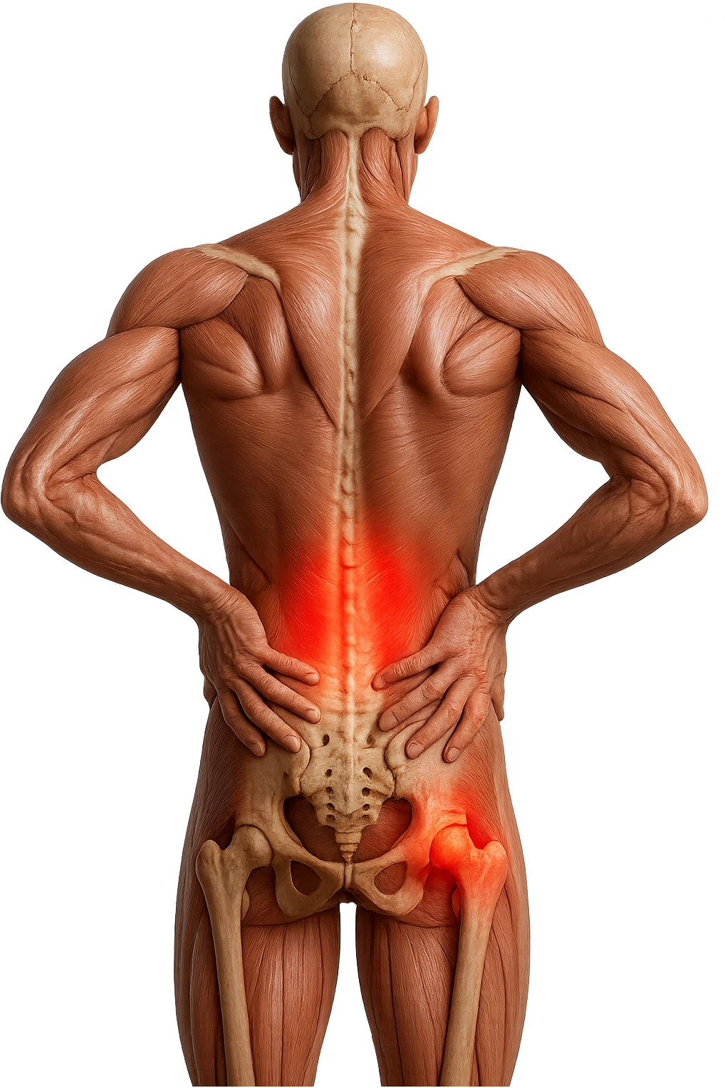 CORPO UMANO ANATOMICO REALISTICO DI SPALLE CON DOLORE ALLA LOMBARE INFIAMMATA, DOLORE ALL'ANCA, IPERREALISTICO 4K emoji