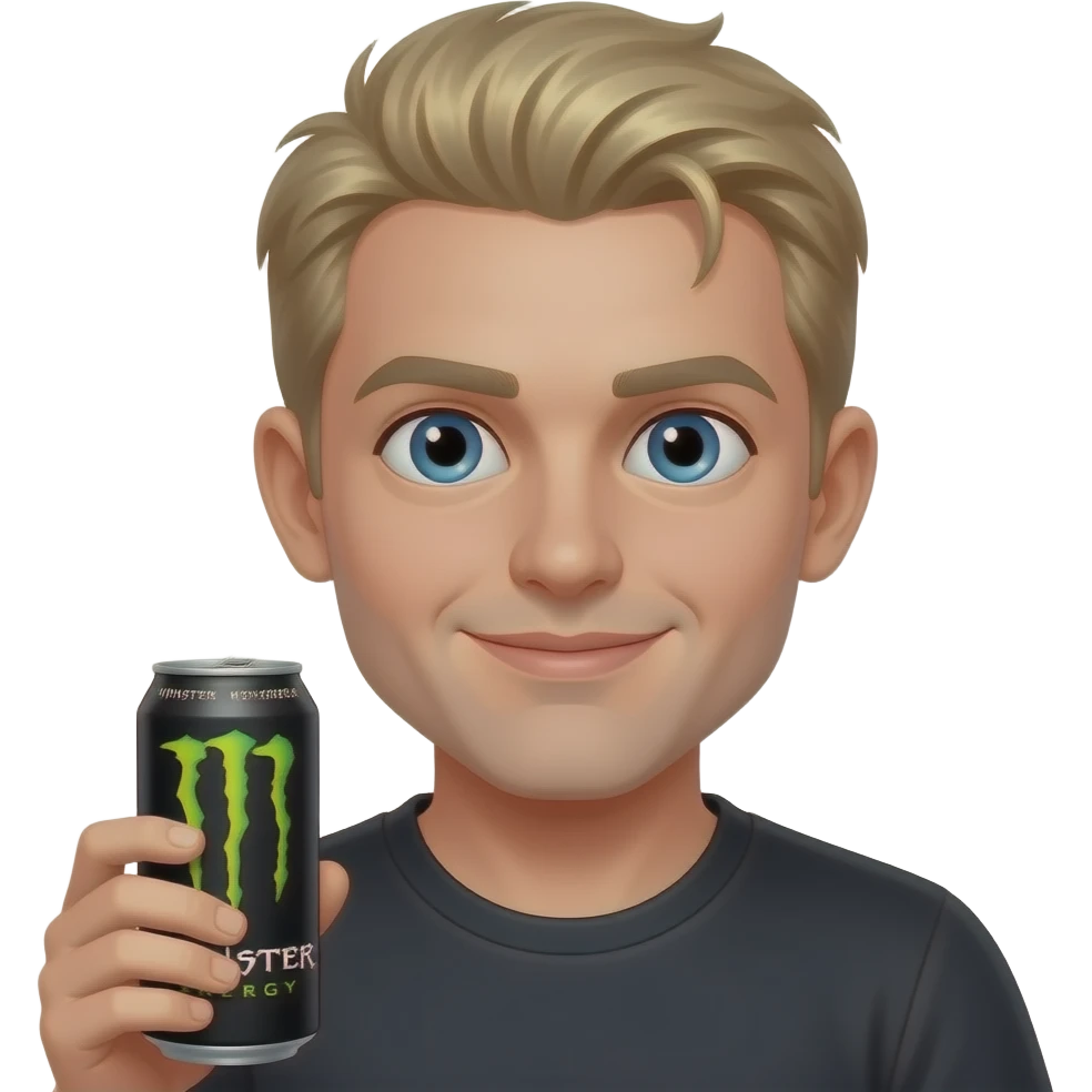 Dirty blonde with massive forehead Kyle with a monster energy drink emoji