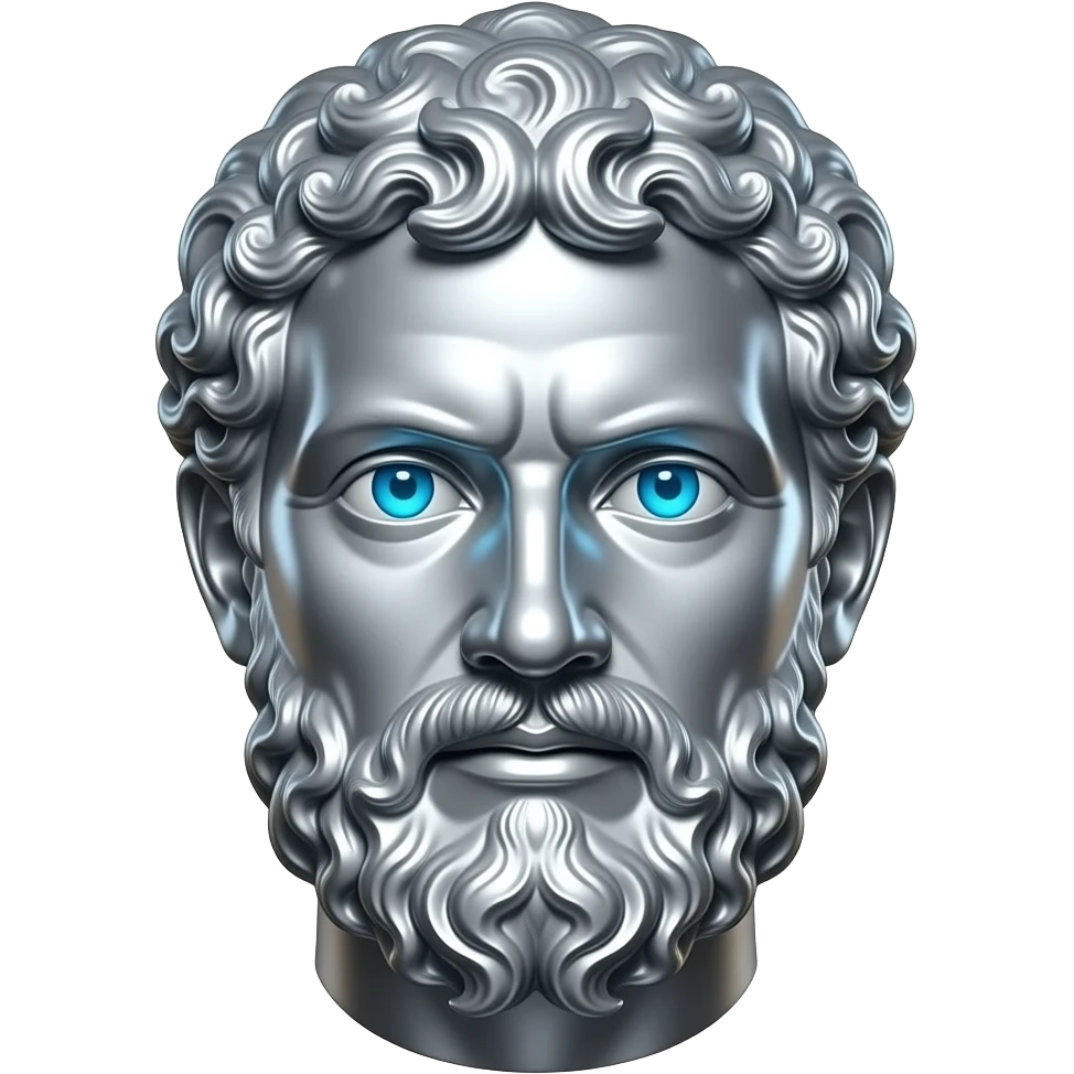 "Polished chrome greek stoic statue head, perfectly symmetrical, piercing cyan glowing eyes, no background. Modern digital art style, clean chrome blue light reflections. Emoji format." emoji