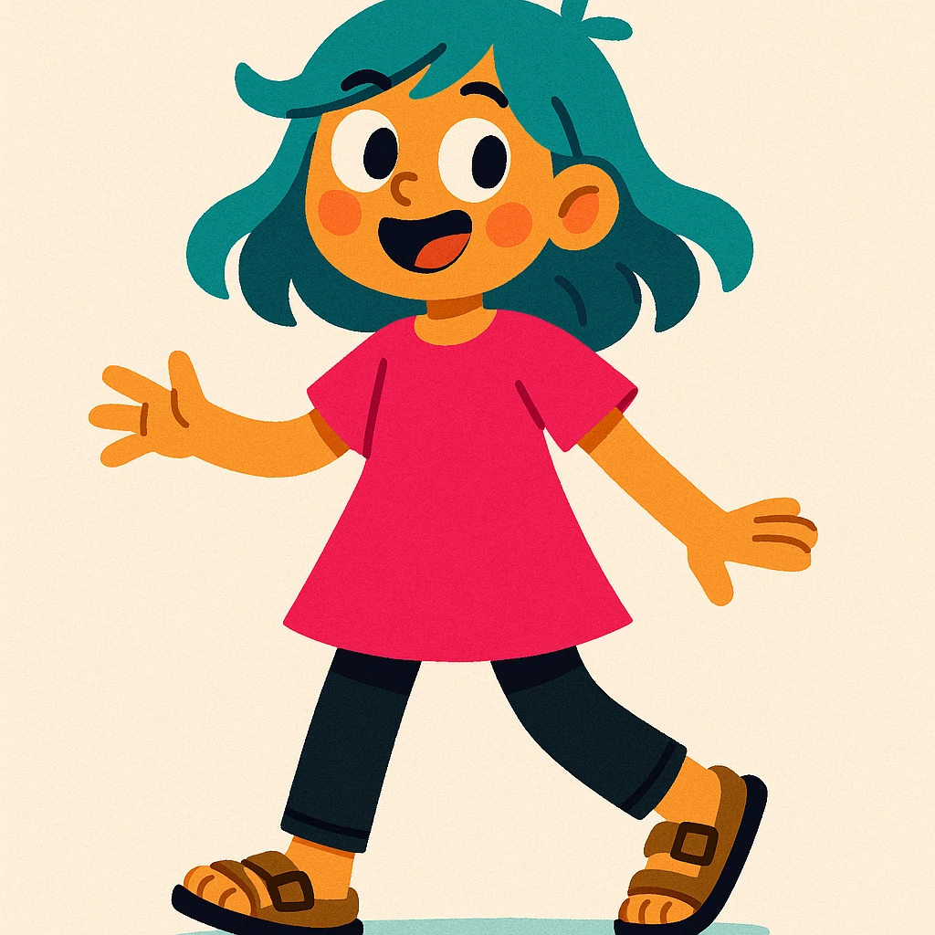 full body girl with teal hair, wearing a hot pink dress, black jeans, and brown birkenstocks, vibrant, expressive emoji