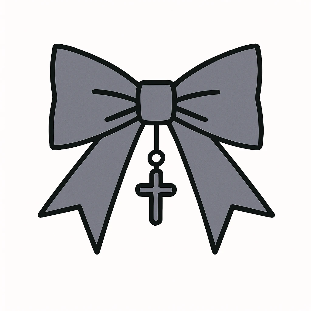minimalist goth bow, matte pastel black, sharp edges, small silver charm, modern dark aesthetic, pastel goth palette emoji