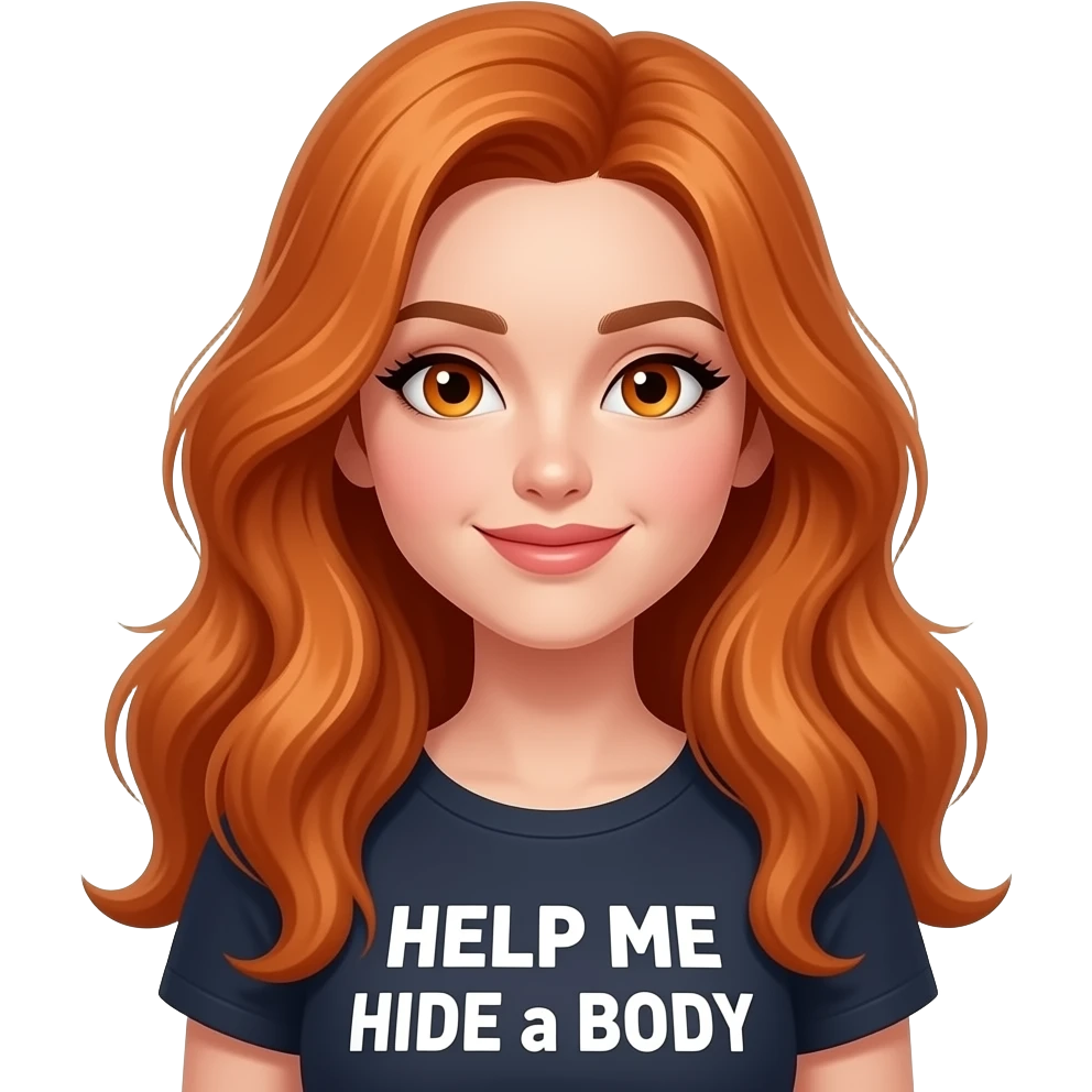 sexy girl with overlong ginger hair and ginger eyes a top with HELP ME HIDE a BODY written on it emoji