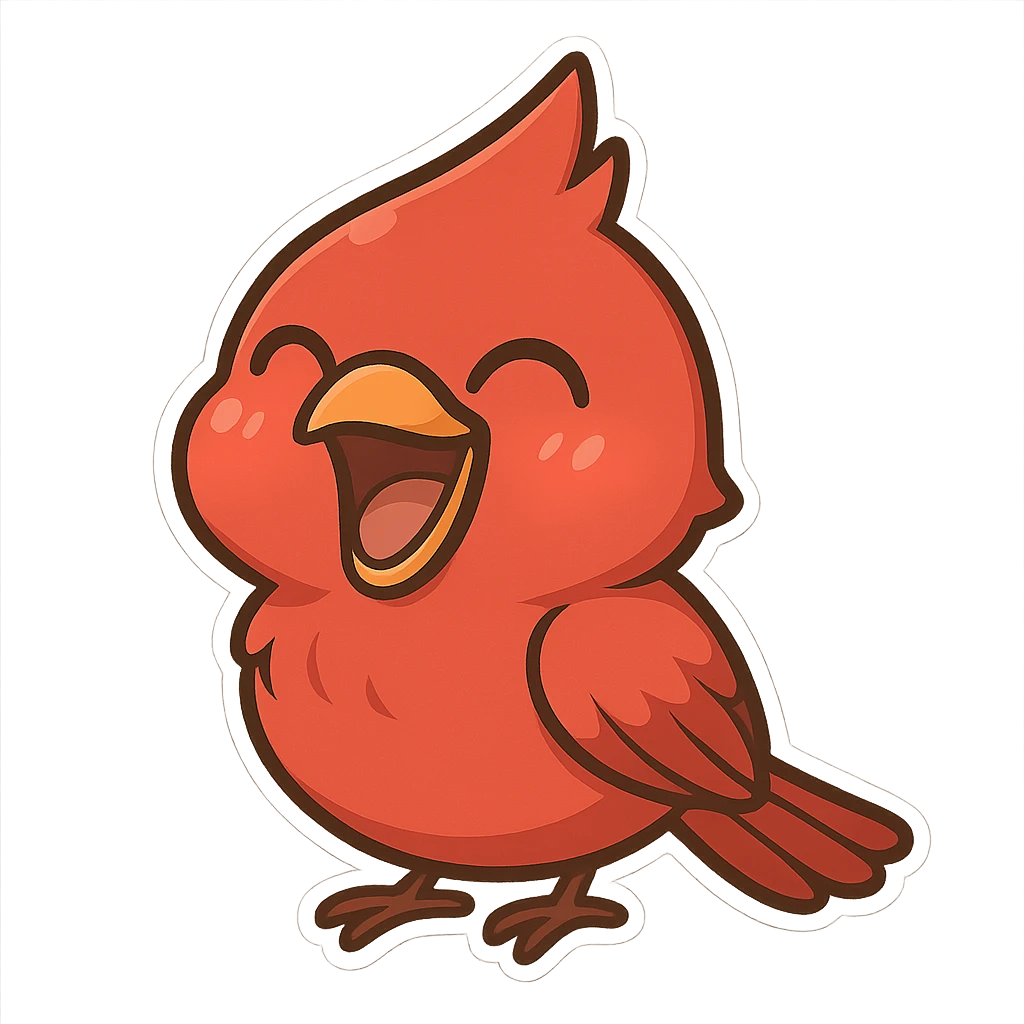 Chibi red male cardinal laughing with eyes closed and beak wide open, soft glowing cheeks, cozy cartoon emoji. emoji