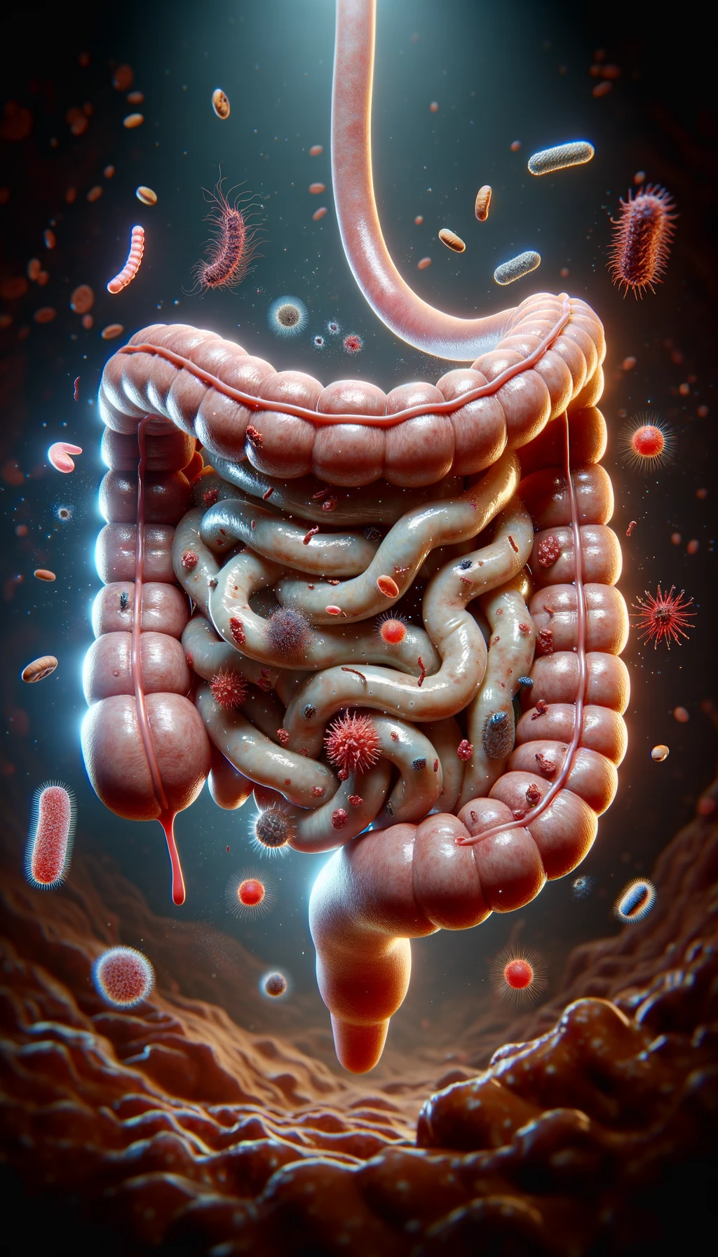 intestino umano realistico con batteri e parassiti che gli fluttuano intorno, iperrealistico 4k emoji