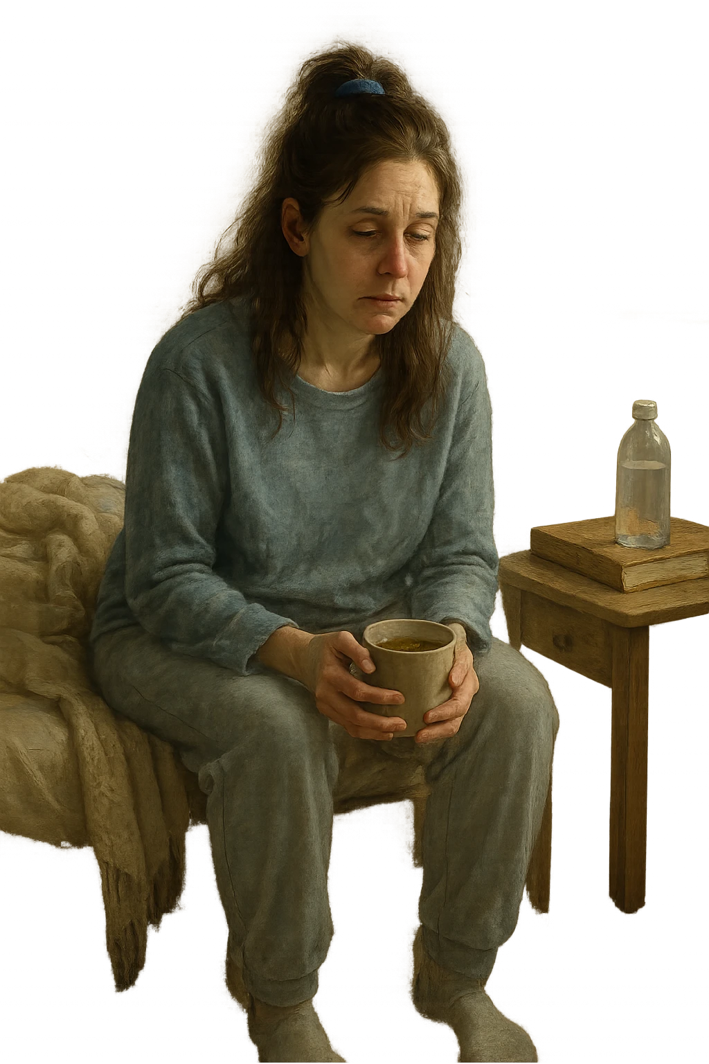 A realistic, cinematic illustration of a woman in her early 30s with a tired, pale appearance, sitting on the edge of her bed in a softly lit bedroom during the morning, looking exhausted and drained. Her posture is slightly slouched, and dark circles are visible under her eyes. She wears comfortable loungewear, holding a warm cup of herbal tea in her hands, seeking comfort. The scene includes a cozy yet slightly messy room with a blanket, a water bottle, and a book on the nightstand, emphasizing chronic fatigue. Soft natural light comes through the window, highlighting her expression of persistent tiredness despite rest, capturing the invisible struggle of chronic fatigue syndrome while maintaining dignity and a gentle aesthetic. emoji