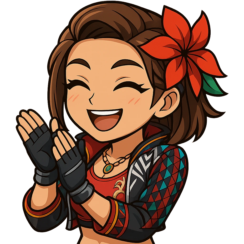 Azucena from Tekken 8 in chibi sticker style, clapping with a big smile, wearing the detailed red and patterned outfit from the reference images, designed for Twitch emote use. emoji