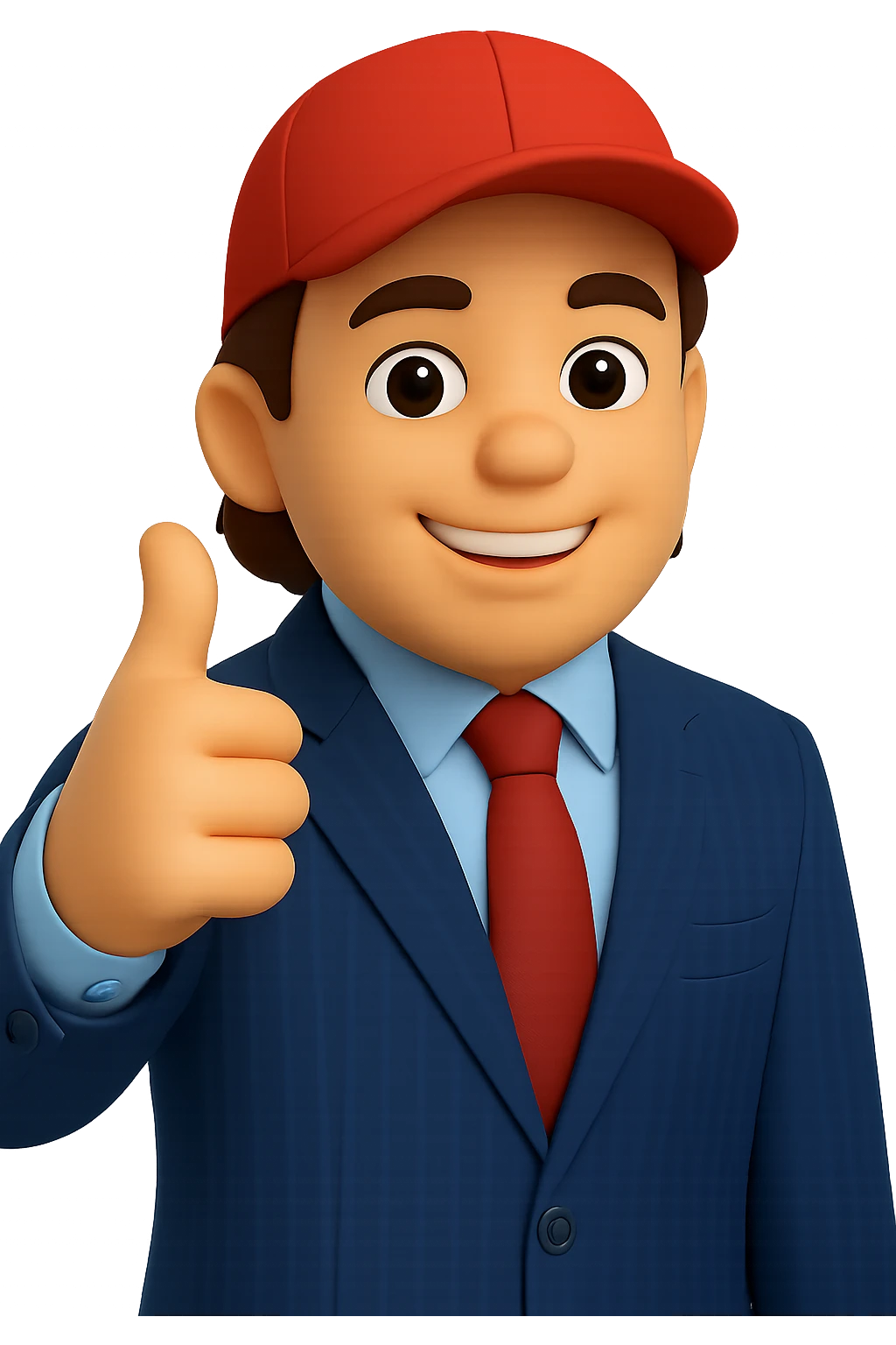Convert the image of a smiling man in a pinstripe suit and red cap giving a thumbs up to a 3D emoji style similar to Apple or Microsoft emojis. Maintain the white skin tone and transparent background. The style should reflect the smooth, polished, and slightly rounded characteristics of 3D emojis from Apple or Microsoft. emoji