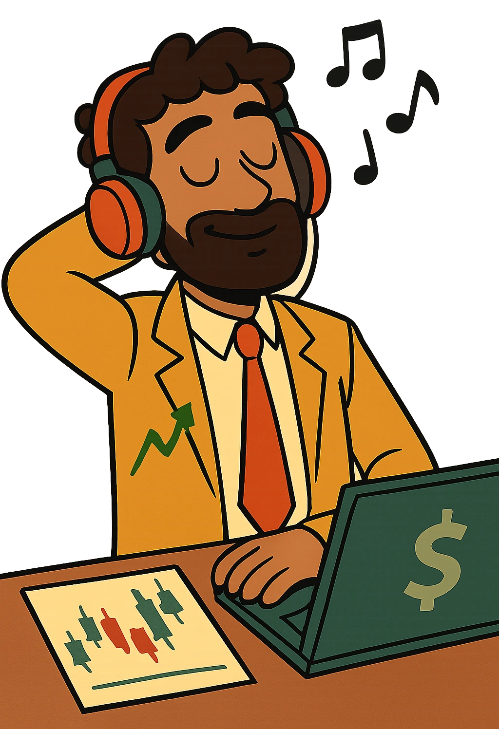 relaxed trader in headphones listening to music, flat modern style, bright saturated colors golds greens reds, minimal but expressive, universal look emoji