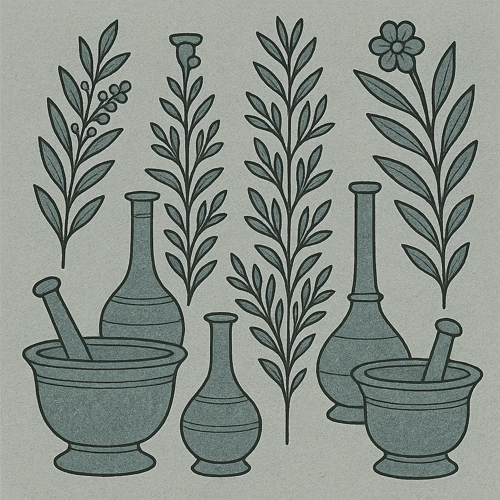 Remove background, keep only the medieval medicine herbal remedies and apothecary tools, transparent background. emoji
