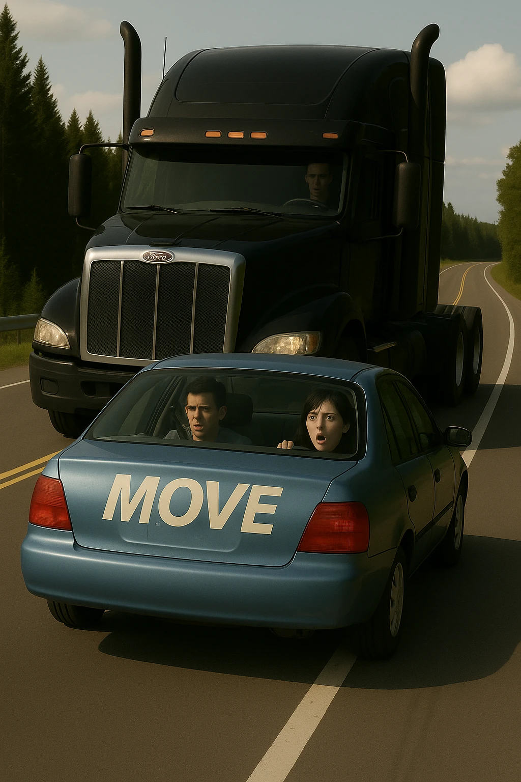 Remove the trailer from the black semi truck, keep the rest of the scene the same, with a person visible in the car in front. emoji